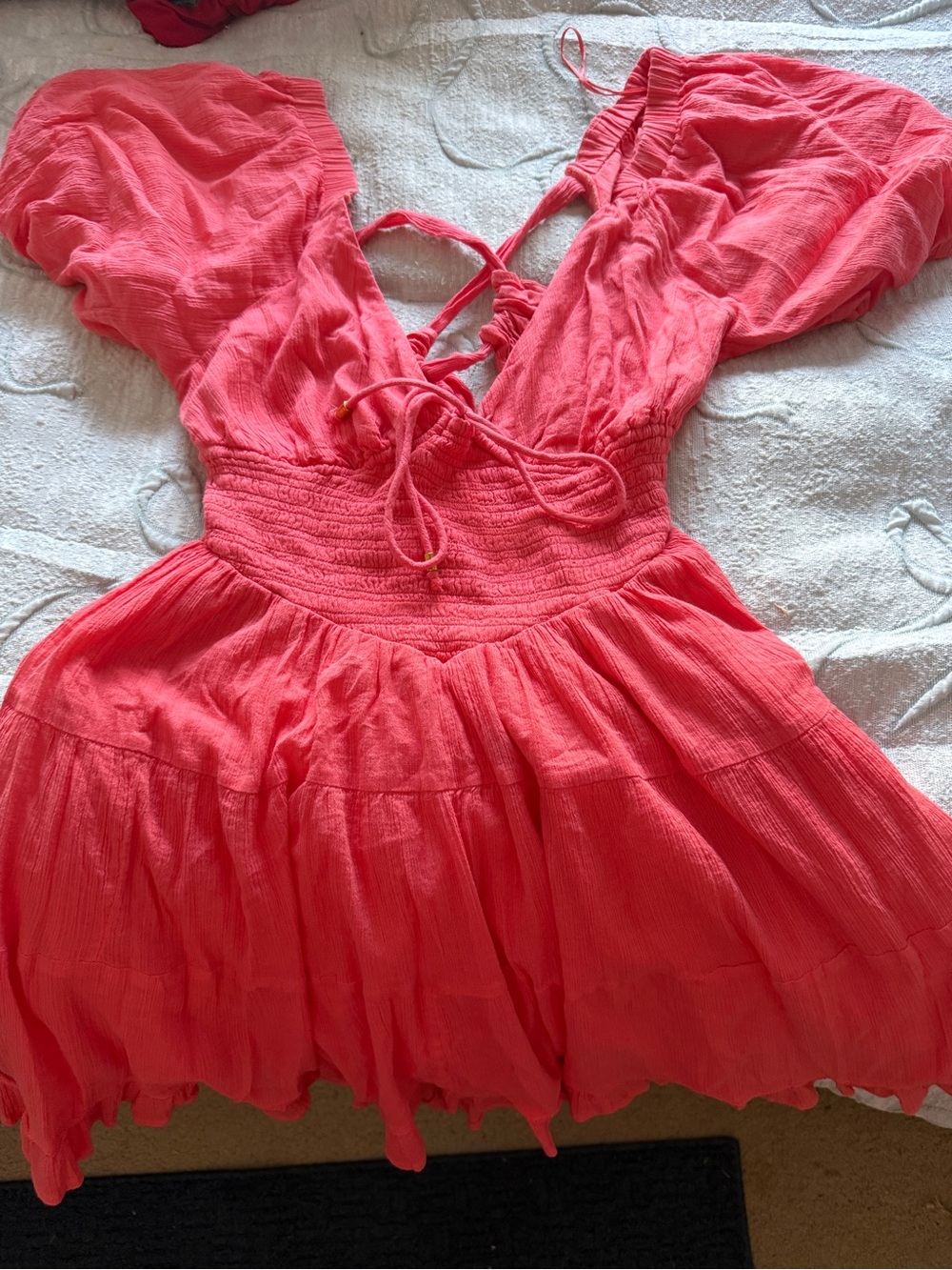 Free People Coral Lace-Up Puff Sleeve Tiered Dress